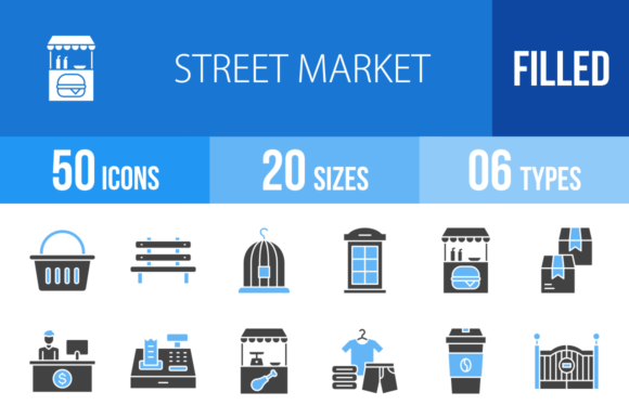 50 Street Market Blue & Black Icons for Your Design Toolkit