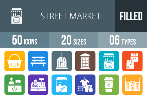 50 Street Market Filled Round Icons for Authentic Design