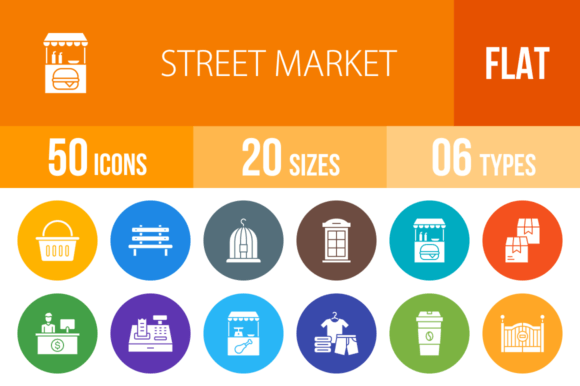 50 Street Market Flat Round Icons: Your Complete Design Toolkit